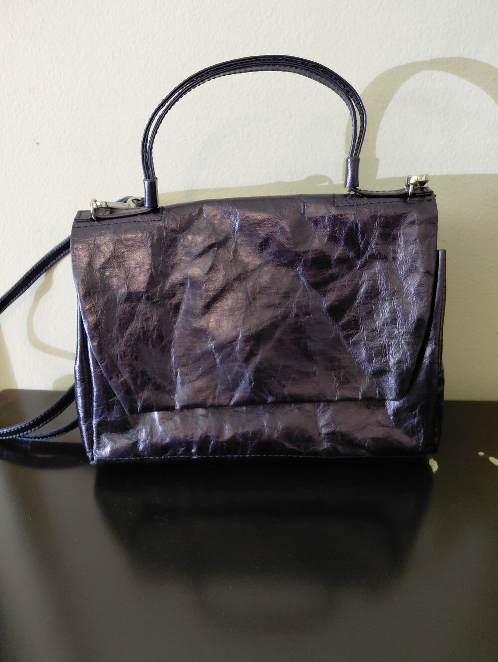 Women's Uashmama Small Shiny Plum Purple Leather Shoulder Bag with Top Handle